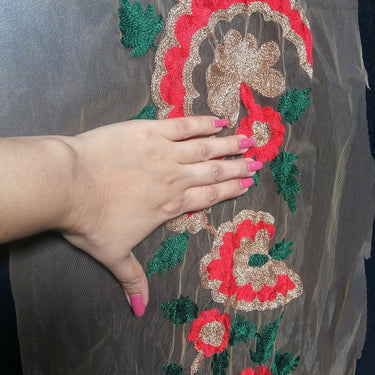 Beige Soft Net Lace Trim With Red, Green And Gold Floral Embroidery, Indian Trims